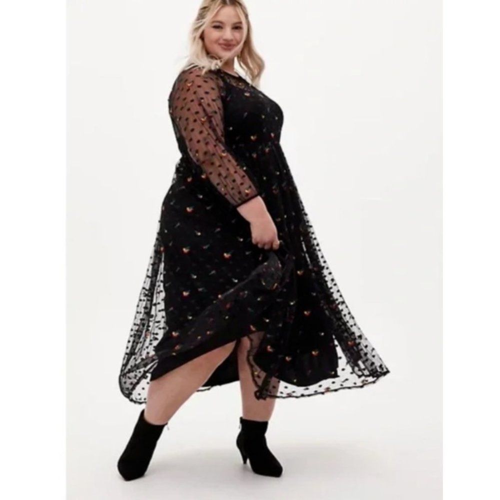 torrid Black Sheer Midi Dress with Colorful Floral Embroidery - Picture 2 of 16